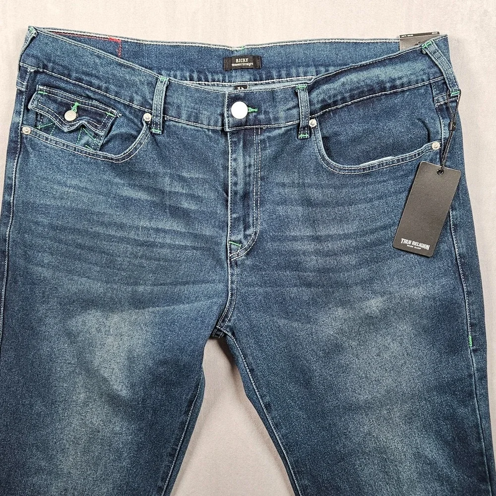 NEW True Religion Ricky Relaxed Straight Jeans Mens 38x34 Dark Wash Flap Pockets